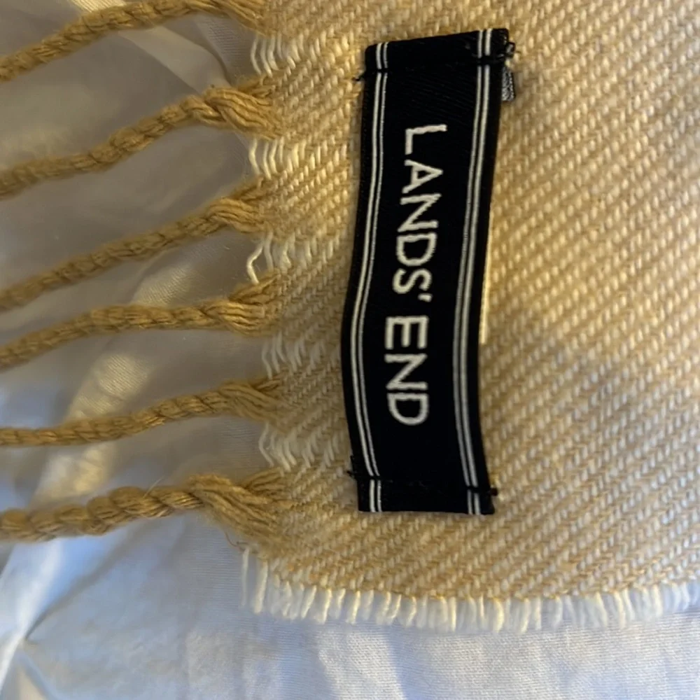 Lands End gorgeous cream and gold dot scarf. Fringe NWOT